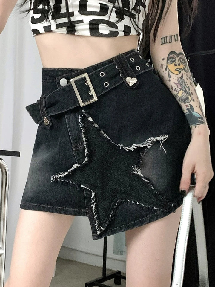 Y2K Star Denim Skirt Pastel Kitten