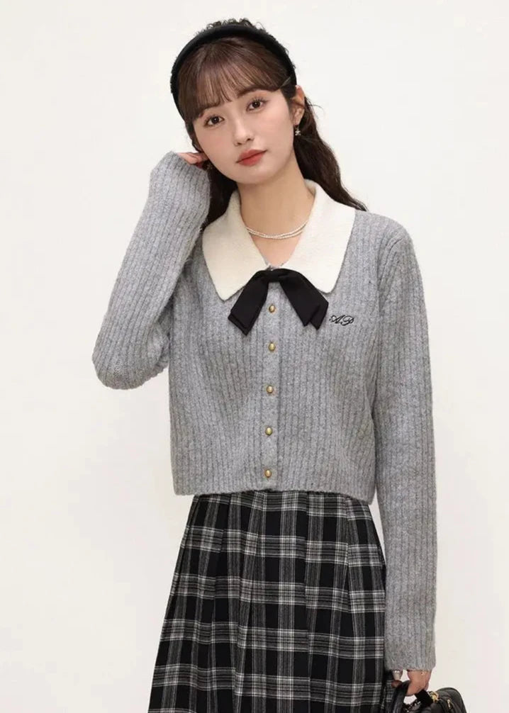 HOUZHOU Elegant Preppy Style Women Sweaters Sweet Coquette Korean Style Bow Knitted Cardigan Cropped Casual Old Money Knitwear Pastel Kitten