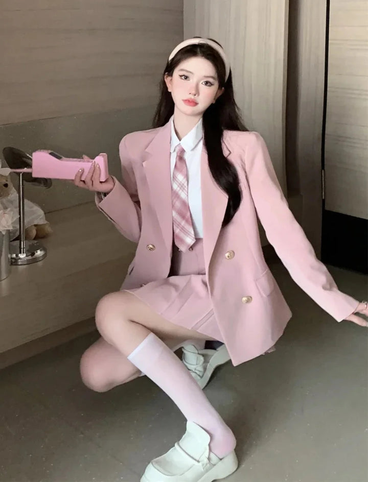 Kawaii School Uniform Outfit Set- Blazer, Shirt & Mini Skirt Pastel Kitten