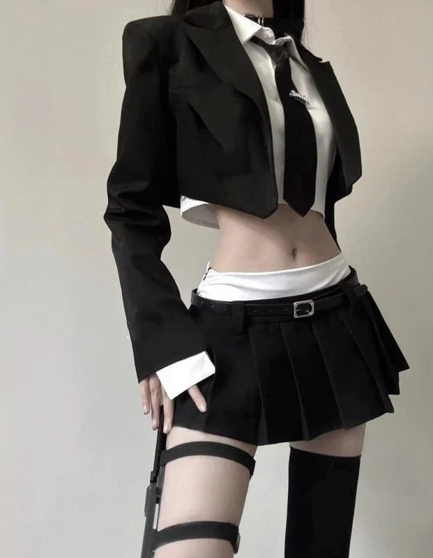 Korean Slim Office Outfit Set - Blazer, Shirt & Mini Skirt Pastel Kitten