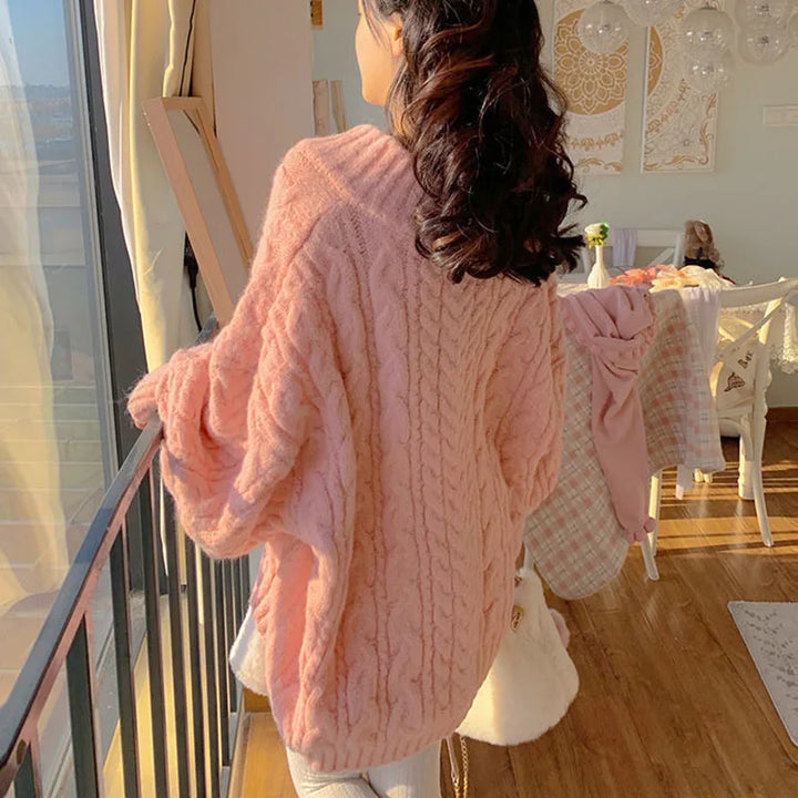 Pink Kawaii Oversize Knitwear Sweaters Women Sweet Cute Big Bow Pullovers Autumn Winter Keep Warm Lantern Sleeve V-Neck Sweater Pastel Kitten