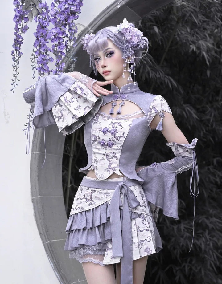 Chinese Style Party Outfit Set - Top & Sleeves Pastel Kitten