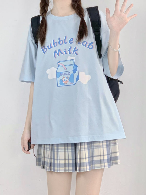 Kawaii Bubble Milk T-shirt Pastel Kitten