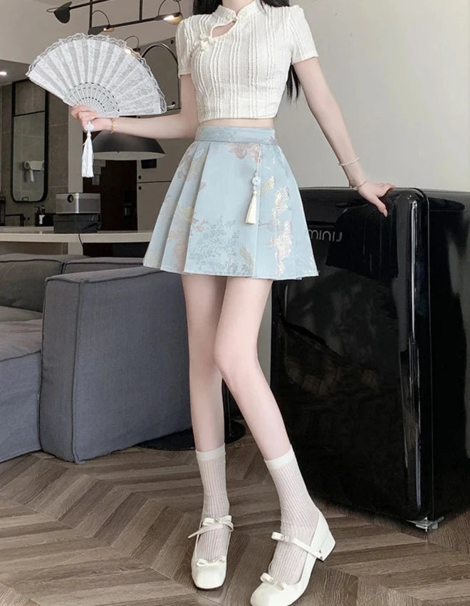 Cute Chinese Style Embroidered Skirt Pastel Kitten