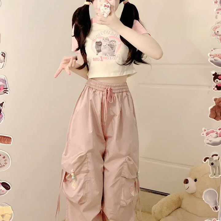 Cute Japanese Cargo Pants Pastel Kitten