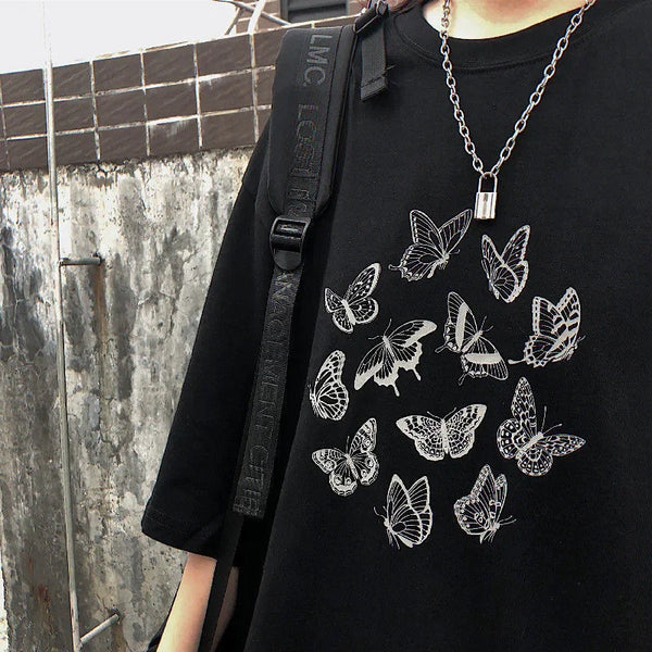 Gothic Butterfly Print T-Shirt Pastel Kitten