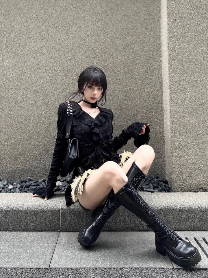 Vintage Y2K Slim Ruffle Shirt Pastel Kitten