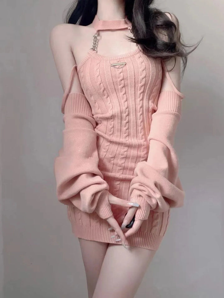 Ulzzang Girl Dress & Cardigan Set Pastel Kitten