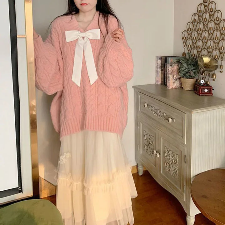 Pink Kawaii Oversize Knitwear Sweaters Women Sweet Cute Big Bow Pullovers Autumn Winter Keep Warm Lantern Sleeve V-Neck Sweater Pastel Kitten