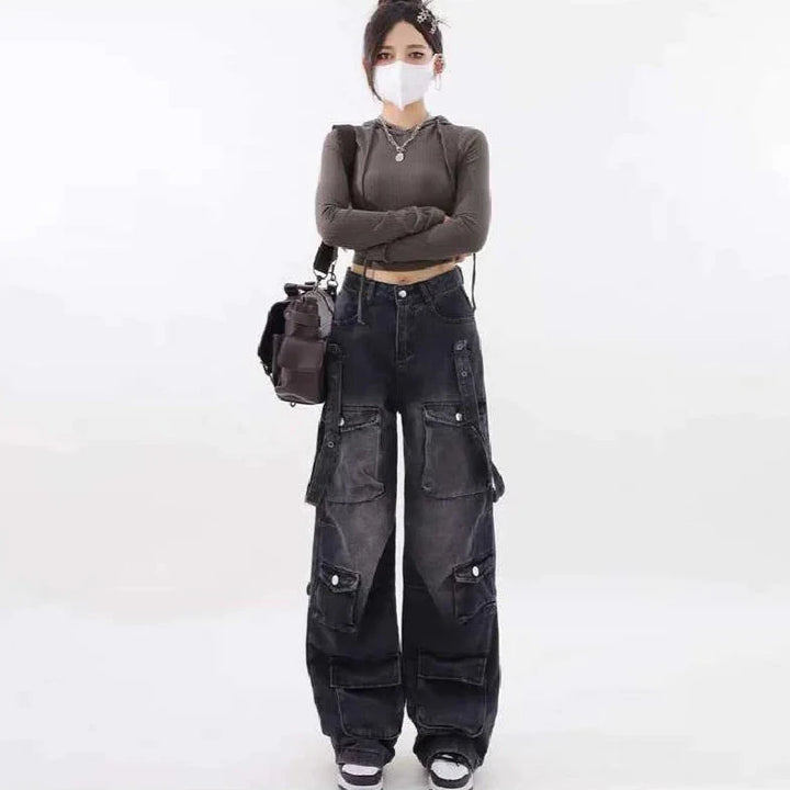 Y2K Oversized Denim Cargo Pants Pastel Kitten