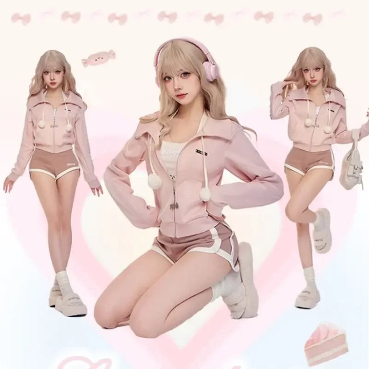 Warm Kawaii Outfit Set - Hooded Coat & Shorts Pastel Kitten