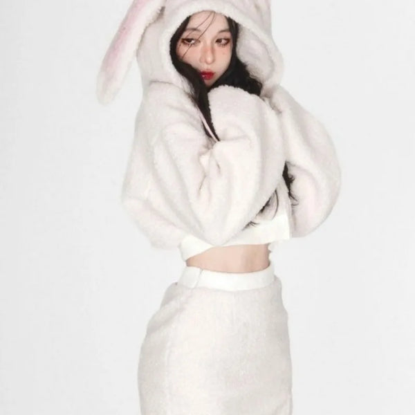 2024 New Fluffy Rabbit Ear Hoodie Coat Women+ Y2k E-Girl High Waist Bodycon Split Skirts Winter Thicked Warm Two Piece Sets Pastel Kitten