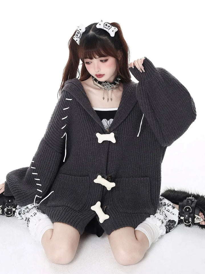 Deeptown Y2K Harajuku Black Oversized Cardigan Women Grunge Kpop Gray Knitted Sweater Autumn Winter Hooded Knitweat Tops Jackets Pastel Kitten