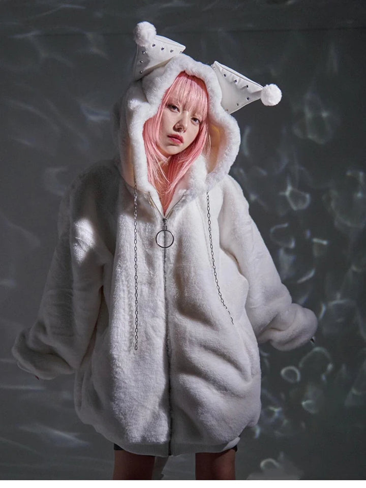 Lautaro Winter Oversized Warm Thick White Faux Fur Coat Women with Hood Sweet Cute Kawaii Japanese Style Fashion Fluffy Jacket Pastel Kitten