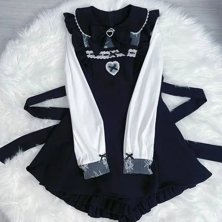 Japanese Style Gothic Y2k Lolita Rhinestone Bow Dress Shorts Set Sweet Women ruffles Peter Pan Collar Shirt Harajuku Party Dress Pastel Kitten