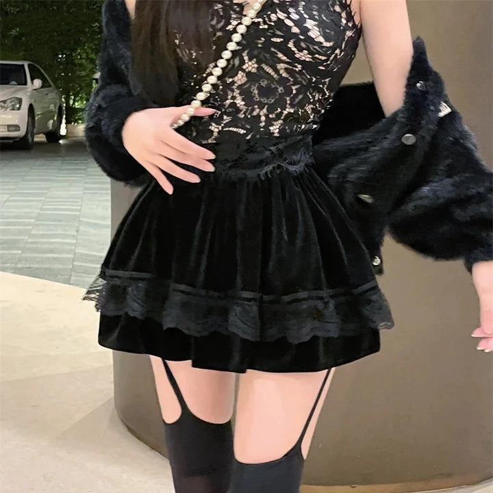 Kawaii Velvet Mini Skirt Pastel Kitten