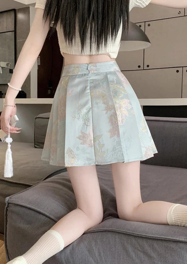 Cute Chinese Style Embroidered Skirt Pastel Kitten