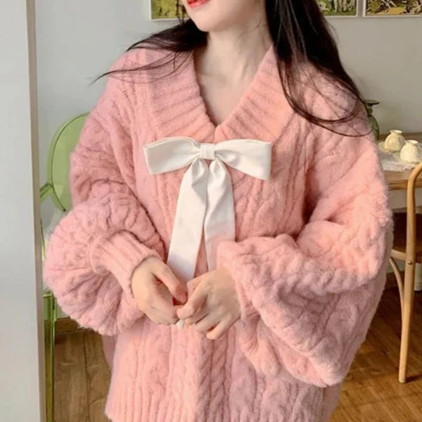 Pink Kawaii Oversize Knitwear Sweaters Women Sweet Cute Big Bow Pullovers Autumn Winter Keep Warm Lantern Sleeve V-Neck Sweater Pastel Kitten