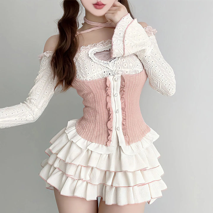 Y2K Kawaii Outfit Set - Blouse & Mini Skirt Pastel Kitten