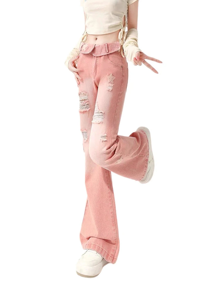 Y2K Kawaii Ripped Jeans Pastel Kitten