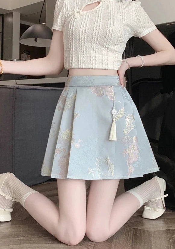 Cute Chinese Style Embroidered Skirt Pastel Kitten