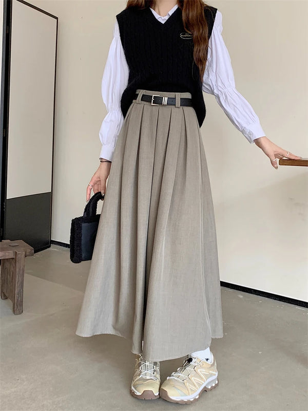 Korean Pleated Midi Skirt Pastel Kitten