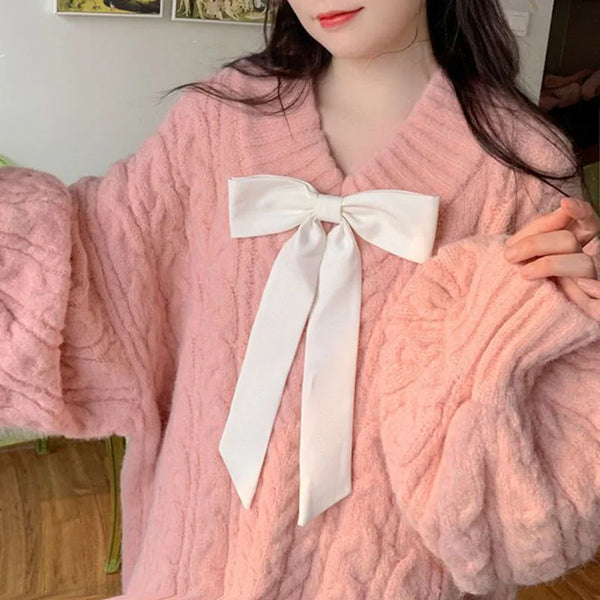 Pink Kawaii Oversize Knitwear Sweaters Women Sweet Cute Big Bow Pullovers Autumn Winter Keep Warm Lantern Sleeve V-Neck Sweater Pastel Kitten