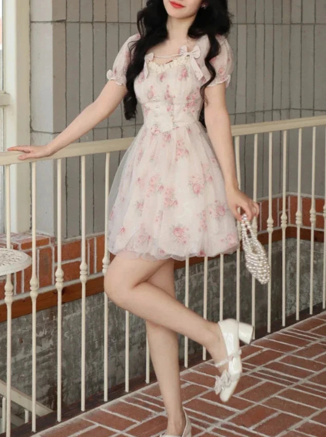 Cute Korean Floral Mini Dress Pastel Kitten