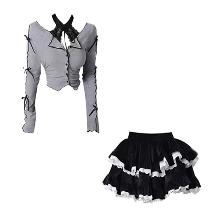 Kawaii Gothic Warm Outfit Set - Cardigan & Mini Skirt Pastel Kitten