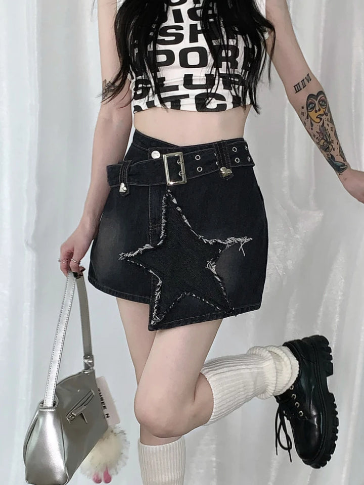 Y2K Star Denim Skirt Pastel Kitten