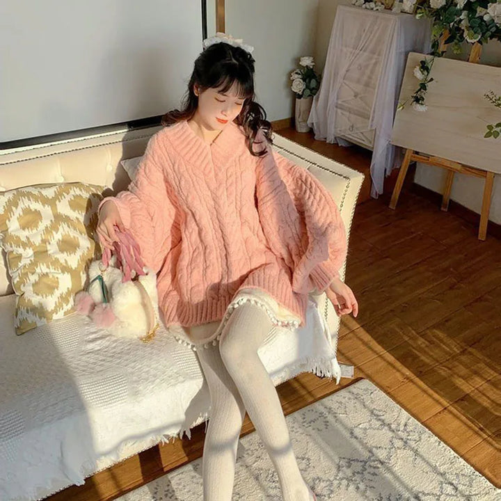 Pink Kawaii Oversize Knitwear Sweaters Women Sweet Cute Big Bow Pullovers Autumn Winter Keep Warm Lantern Sleeve V-Neck Sweater Pastel Kitten