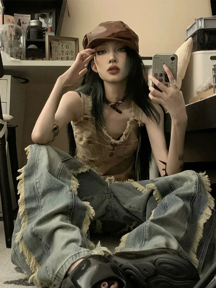 Vintage Denim Sleeveless Top Pastel Kitten