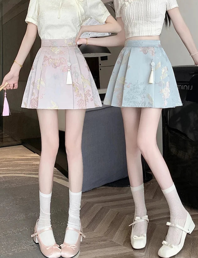 Cute Chinese Style Embroidered Skirt Pastel Kitten