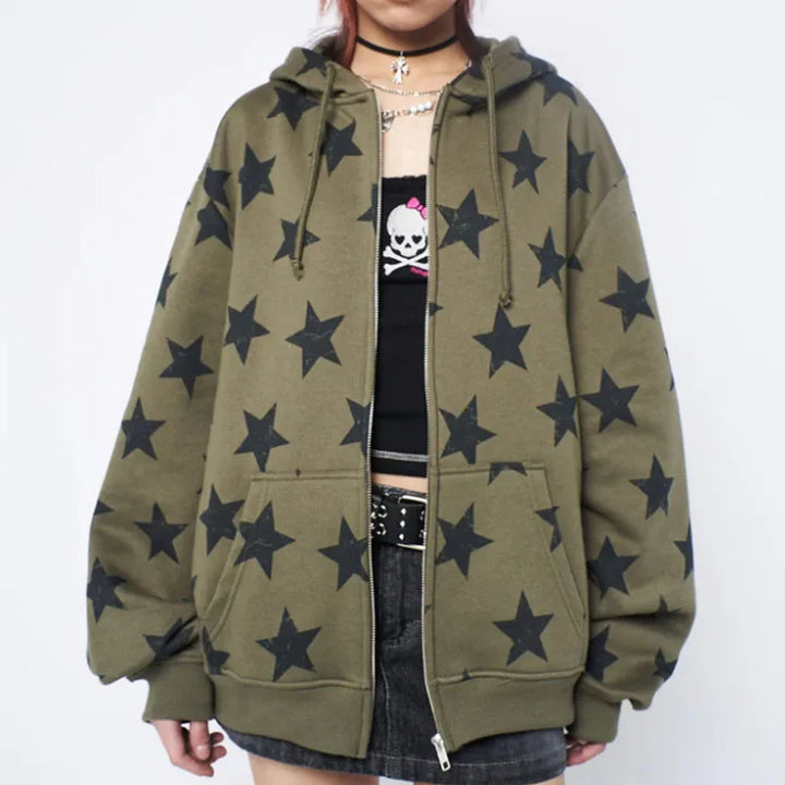 Y2K Vintage Star Zip Hoodie Pastel Kitten