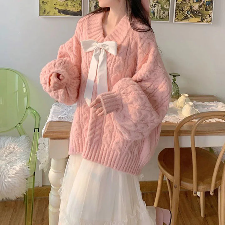 Pink Kawaii Oversize Knitwear Sweaters Women Sweet Cute Big Bow Pullovers Autumn Winter Keep Warm Lantern Sleeve V-Neck Sweater Pastel Kitten