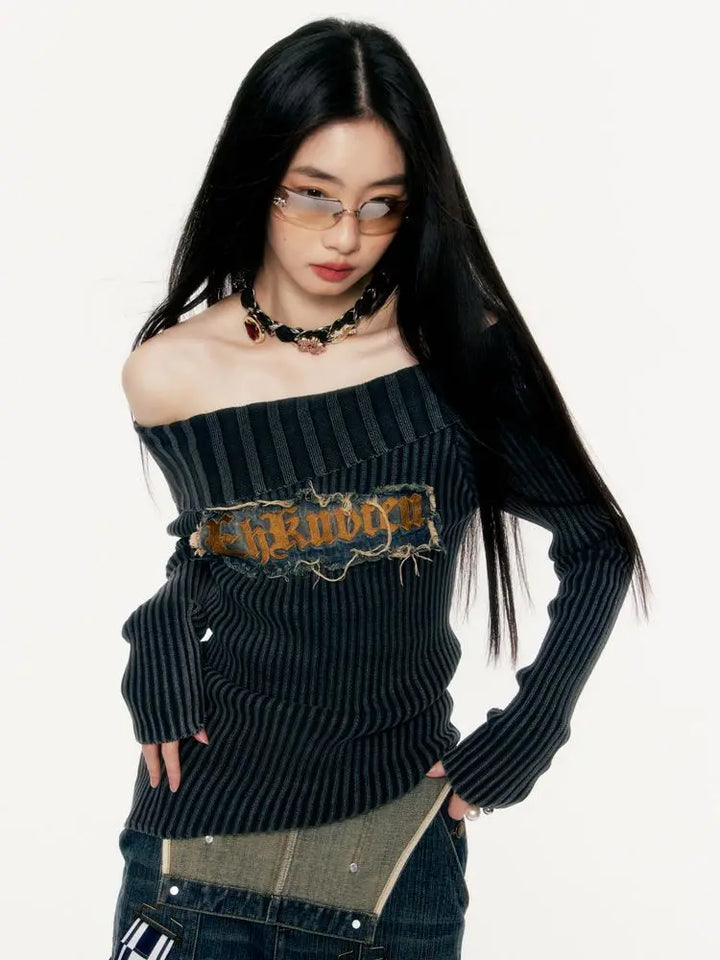 Y2K Slash Neck Slim Sweater Pastel Kitten