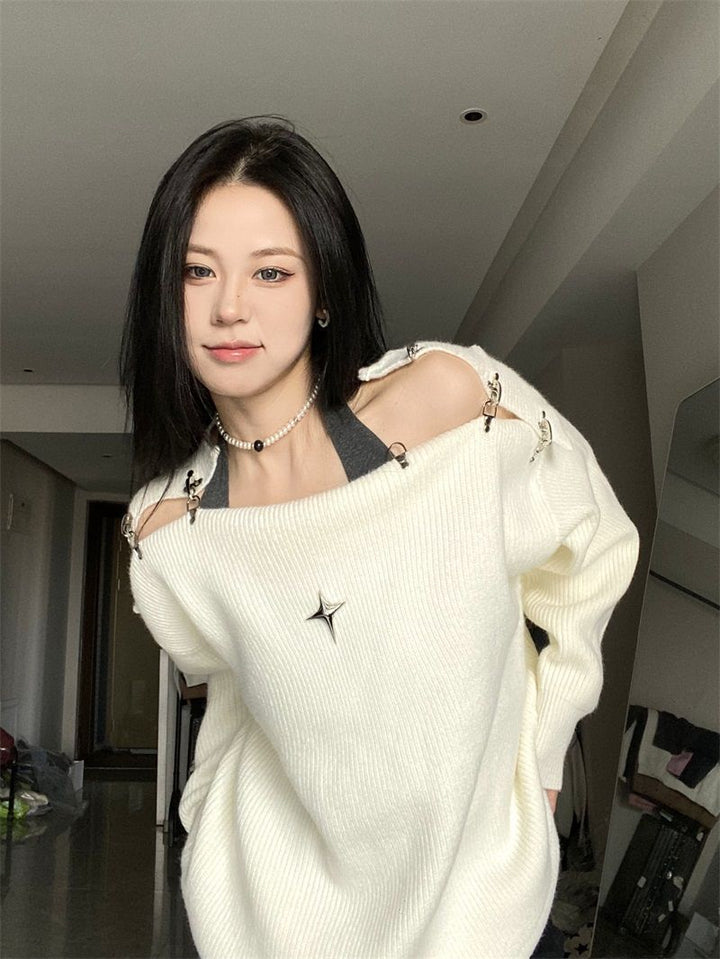 Off Shoulder Korean Y2K Sweater Pastel Kitten