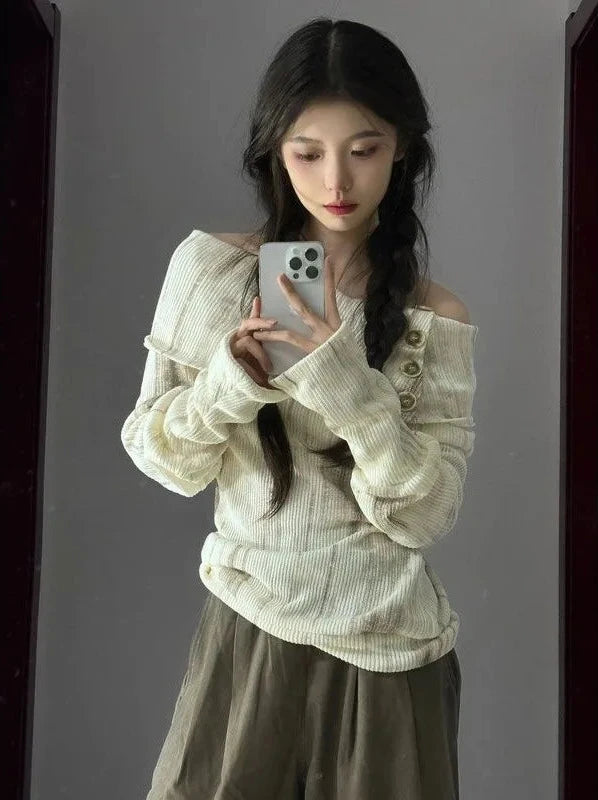 Korean Style Off-Shoulder Sweatshirt Pastel Kitten