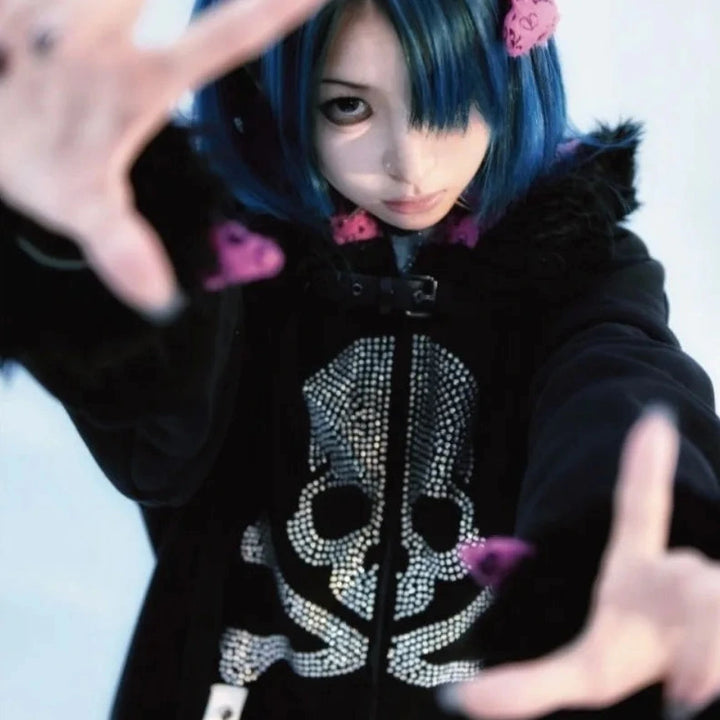 Y2K Oversized Emo Zip Hoodie Pastel Kitten