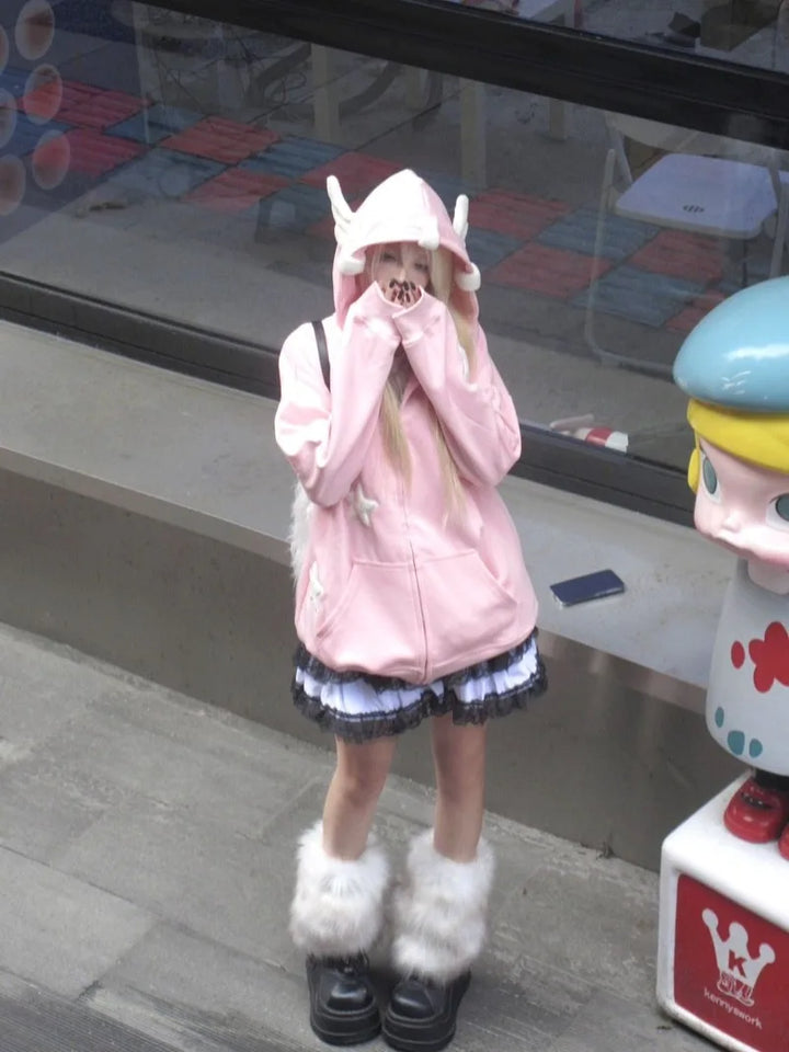 Y2K Anime Zip Hoodie Pastel Kitten