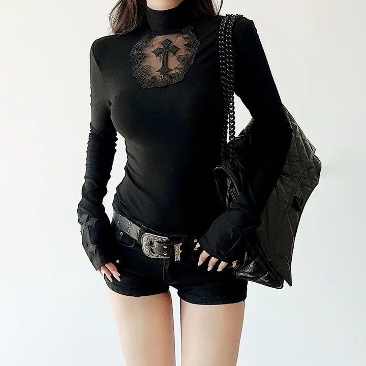 Gothic T-Shirt Cross Y2k Women Sweater Hollow Harajuku Turtleneck Pullover Japanese Fashion Slim Autumn Black Sweater Sexy Pastel Kitten