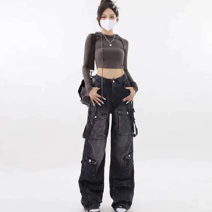 Y2K Oversized Denim Cargo Pants Pastel Kitten