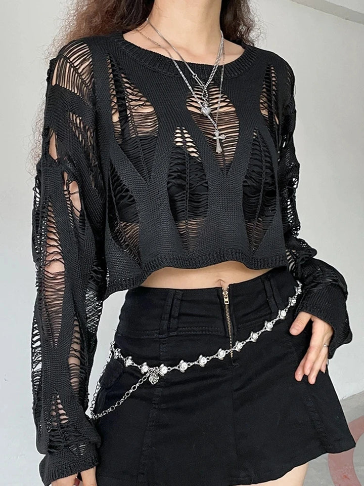 Perforated Hollow Out Knitted Blouse Sunscreen Long Sleeve Top Gothic Dark Black Sexy Thin Sweater Women's Summer Chic Crop Tops Pastel Kitten