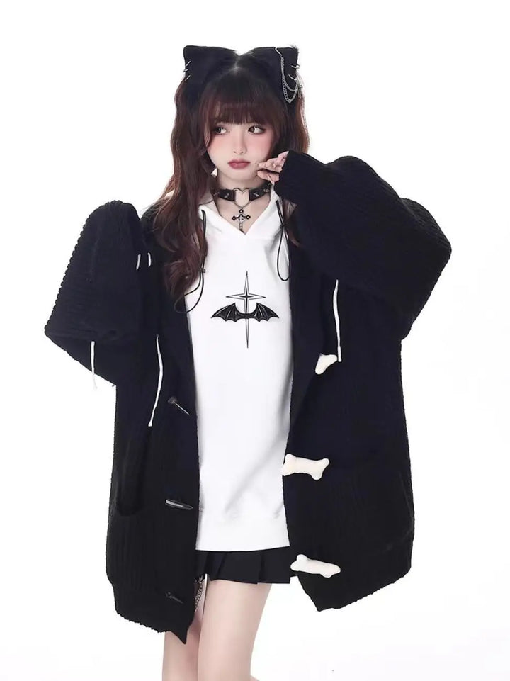 Deeptown Y2K Harajuku Black Oversized Cardigan Women Grunge Kpop Gray Knitted Sweater Autumn Winter Hooded Knitweat Tops Jackets Pastel Kitten