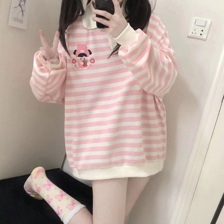 Japanese Striped Kawaii Sweatshirt Pastel Kitten