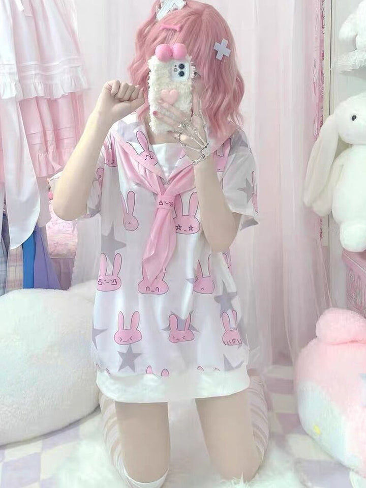 Rabbit Print Kawaii T-shirt Pastel Kitten