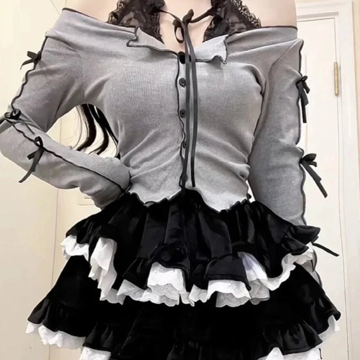 Kawaii Gothic Warm Outfit Set - Cardigan & Mini Skirt Pastel Kitten