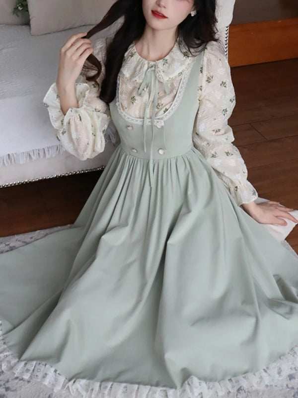 Elegant Vintage Outfit Set - Dress & Blouse Pastel Kitten