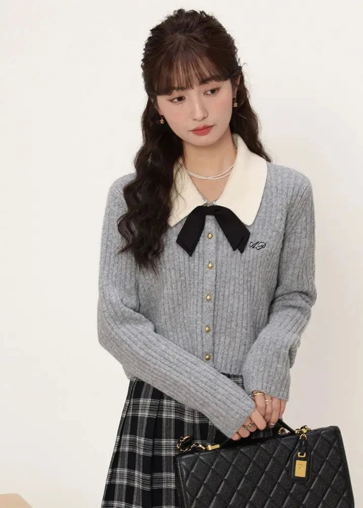 HOUZHOU Elegant Preppy Style Women Sweaters Sweet Coquette Korean Style Bow Knitted Cardigan Cropped Casual Old Money Knitwear Pastel Kitten