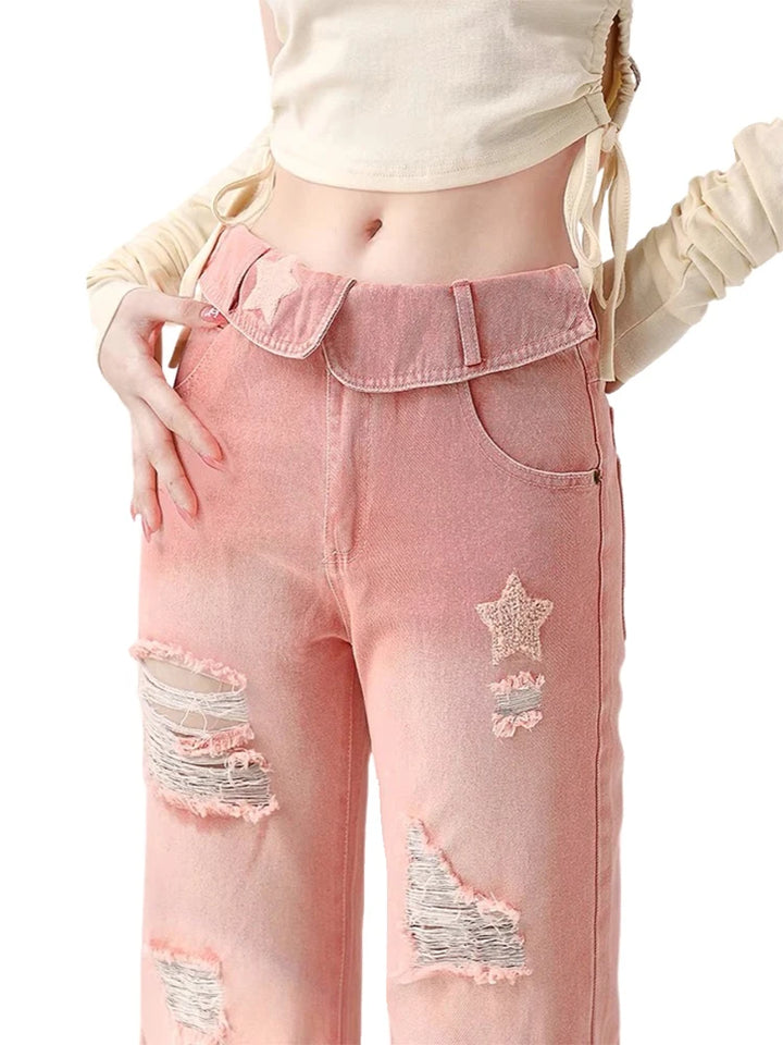 Y2K Kawaii Ripped Jeans Pastel Kitten